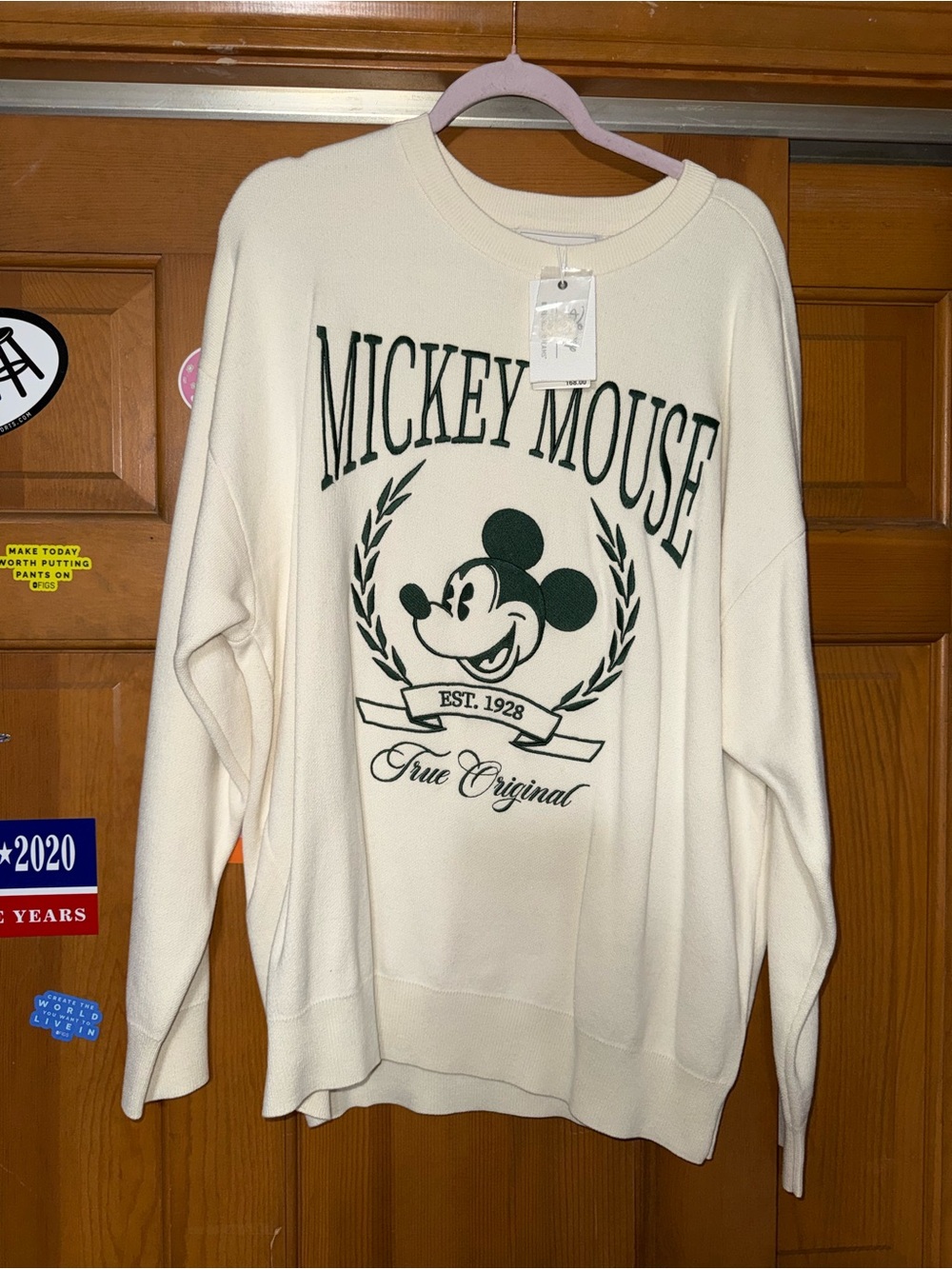 Barefoot Dreams Cream Crewneck Sweater with Green Mickey Graphic